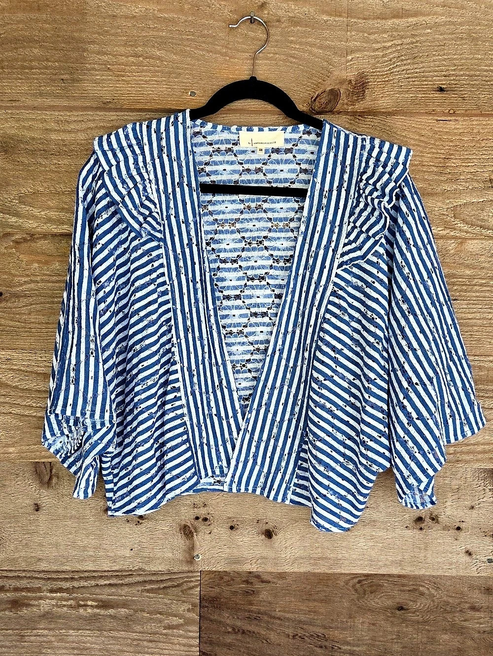 Anthropologie Nautical Stripe Floral Lace Cardigan Blue & White NWOT